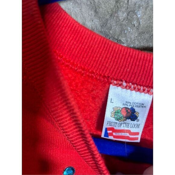 Sz L - Vintage 1990s Teddy Bear Christmas Bedazzled Sweatshirt Crewneck Red - Picture 3 of 6